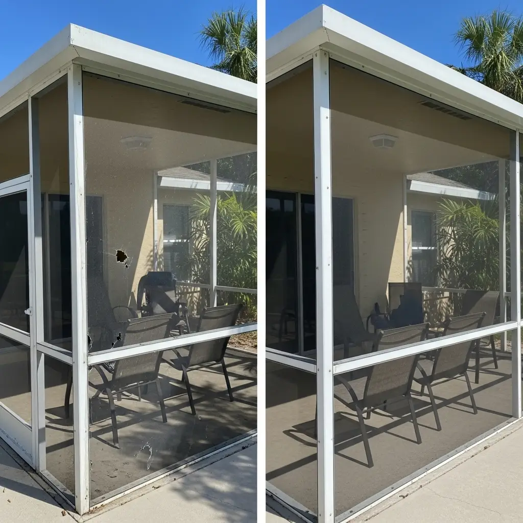 before and after lanai screen repair showing torn and replaced panels in Spring Hill, FL