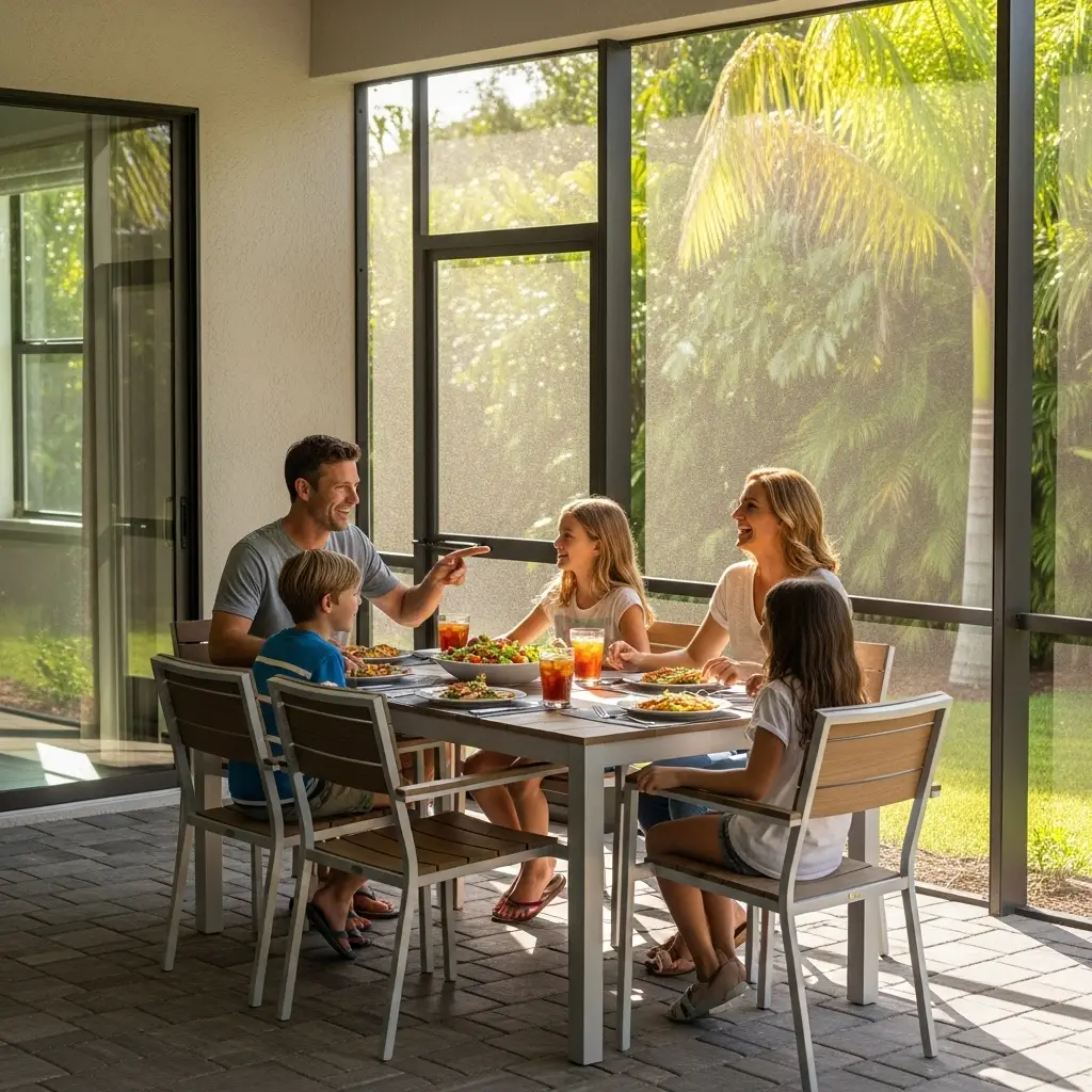 family enjoying meal inside screened patio enclosure in Spring Hill, FL home