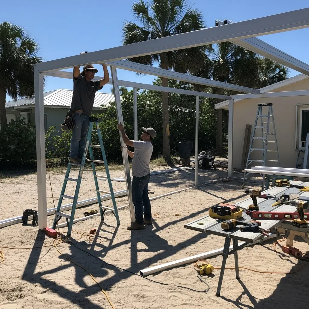 crew installing aluminum frame for new patio screen enclosure in Spring Hill, FL
