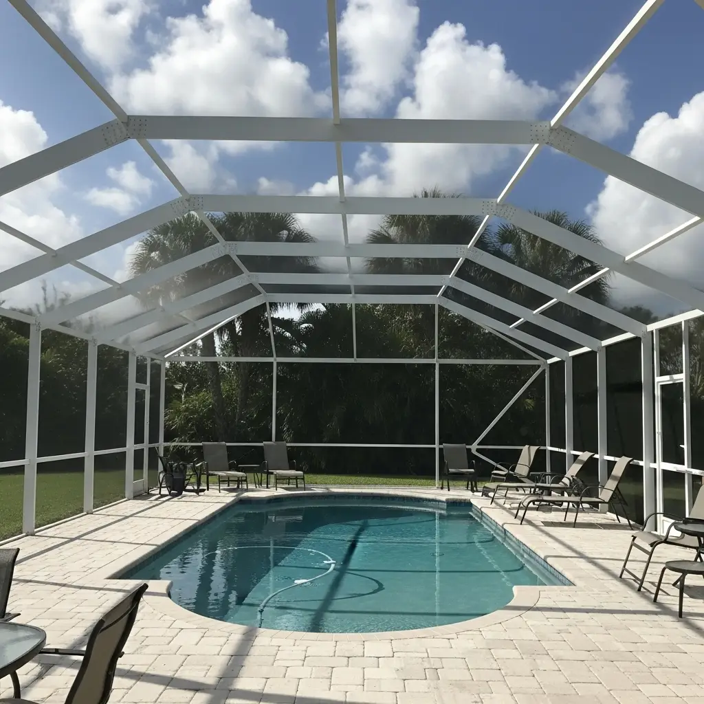 newly installed white aluminum pool cage enclosure in Spring Hill, FL backyard