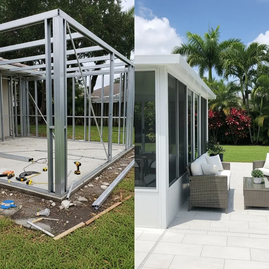 before and after pool cage rescreening and enclosure rebuild in Spring Hill, FL
