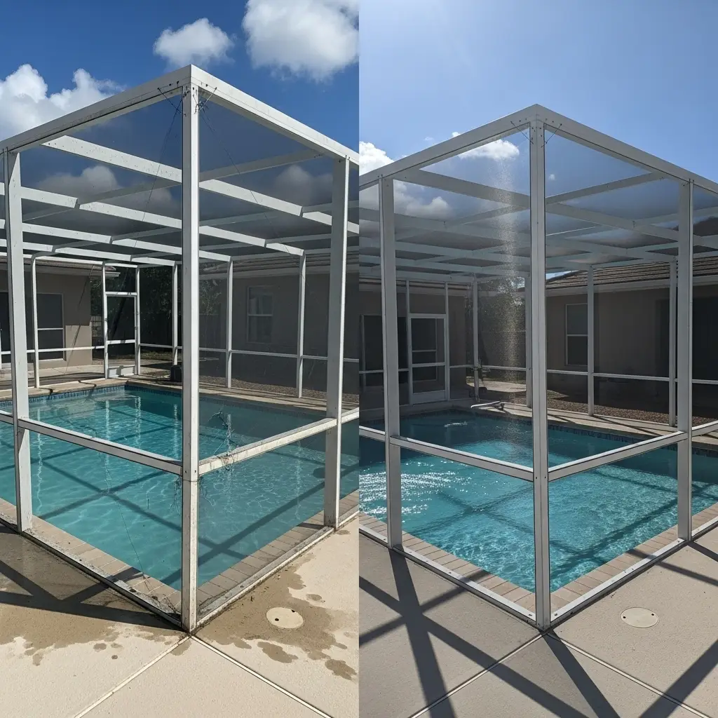before and after pool enclosure frame and screen repair in Spring Hill, FL