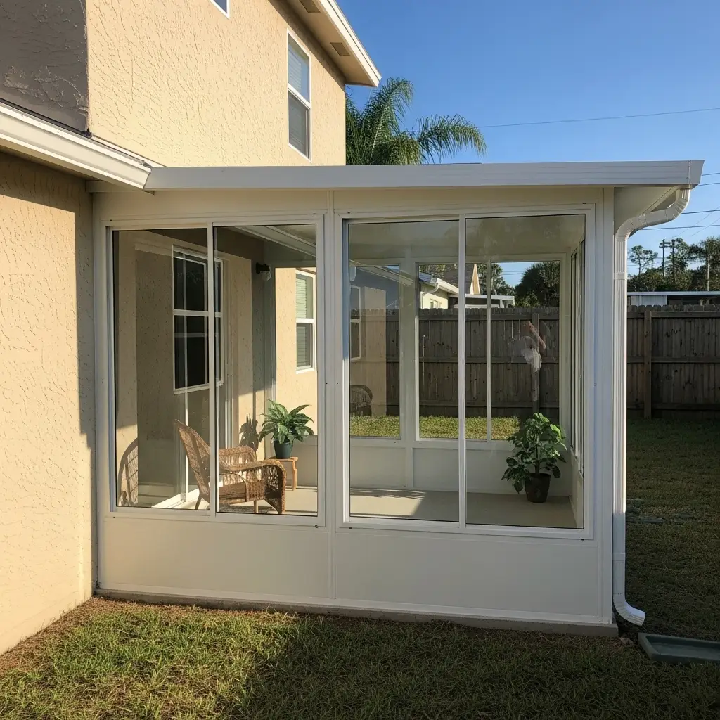 newly built sunroom screen enclosure installation in Spring Hill, FL residential backyard