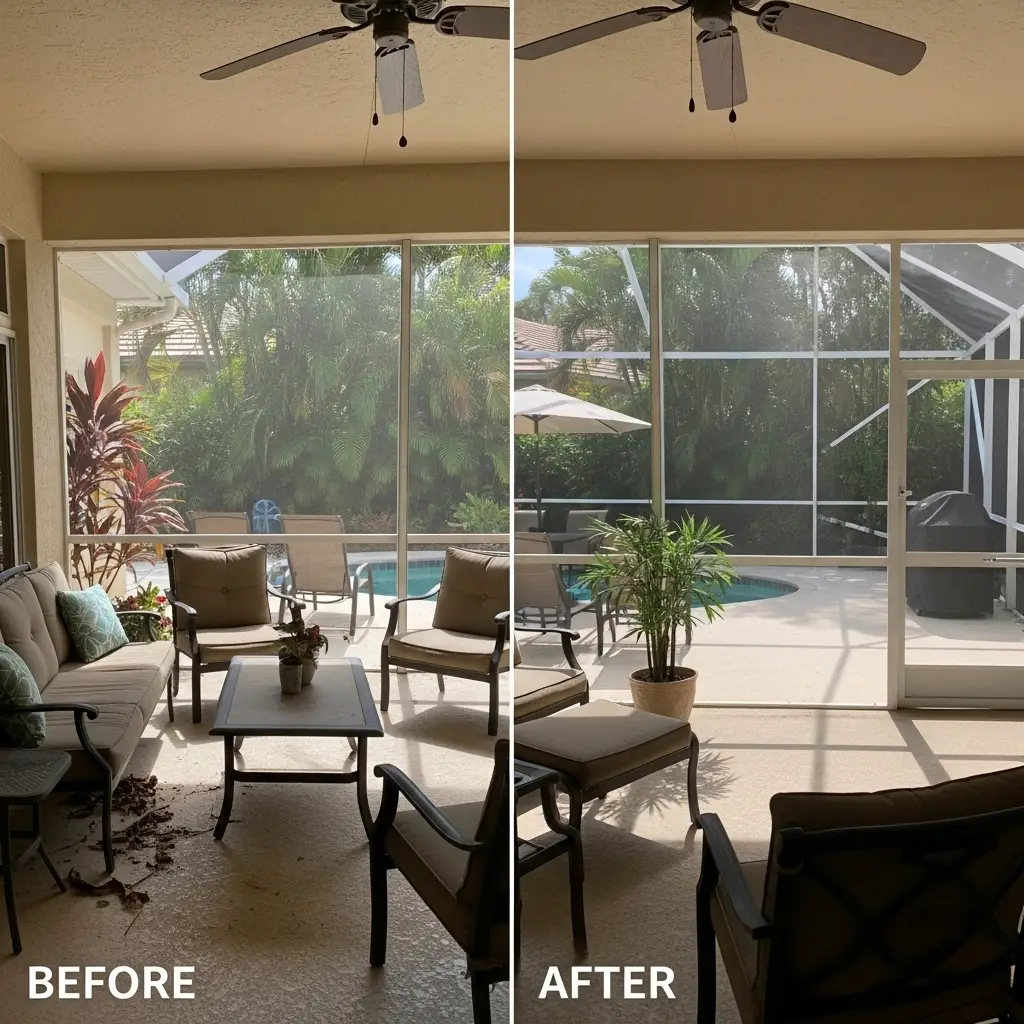 before and after sunroom window screen repair in Spring Hill, FL