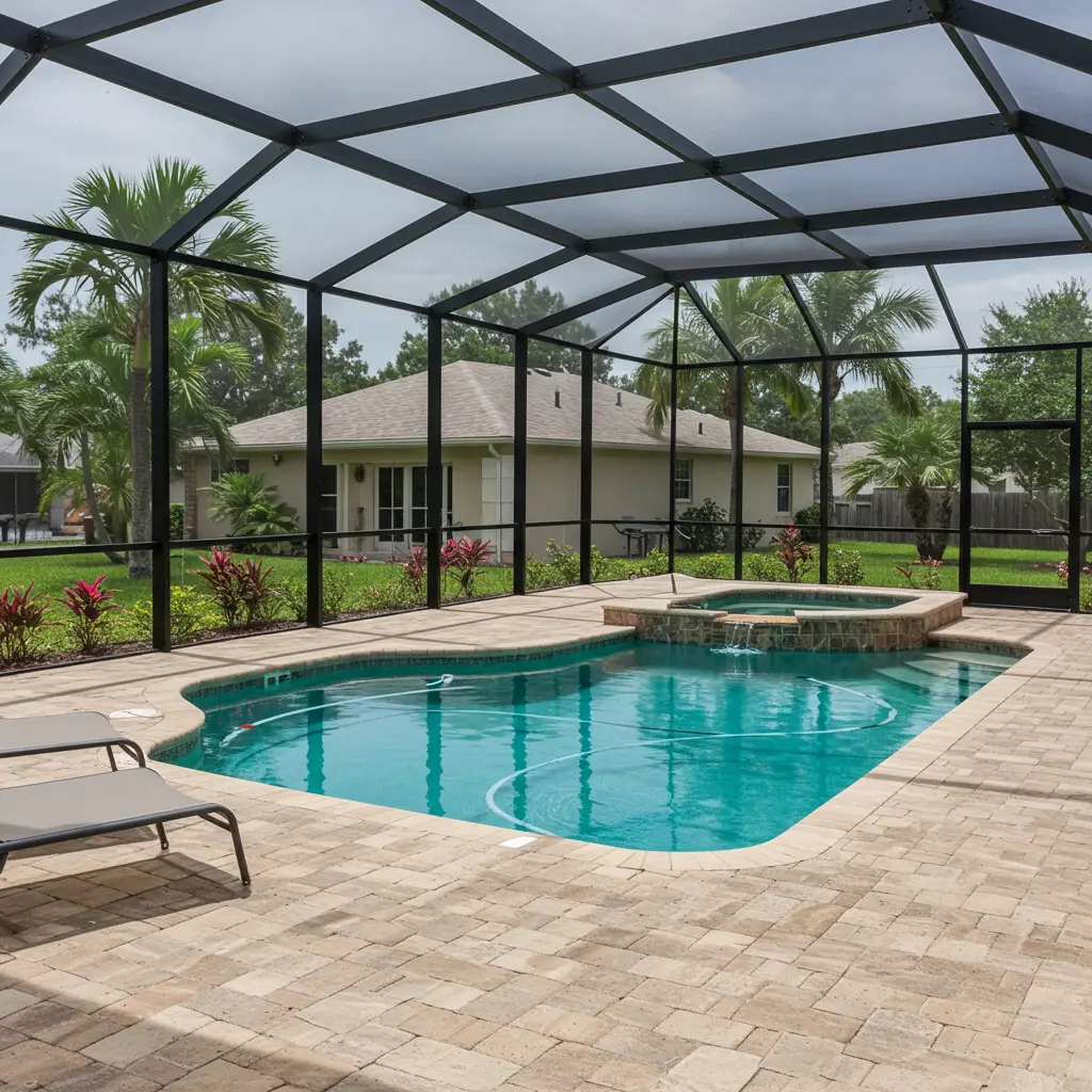 screened-in pool enclosure with spa and paver deck in Spring Hill, FL backyard